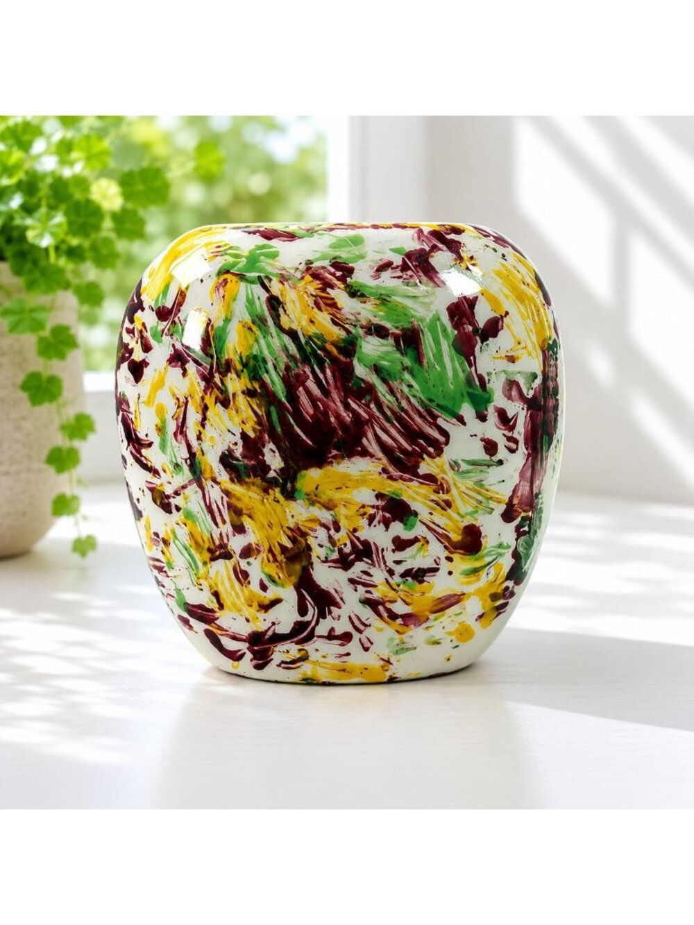 Vintage Hand-Painted Abstract Ceramic Vase Multicolor Design 6" Height X 6.5" Wi